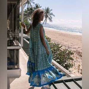 Free People Blue & Turquoise Hanalei Bay Boho Flowy Beach Maxi Dress